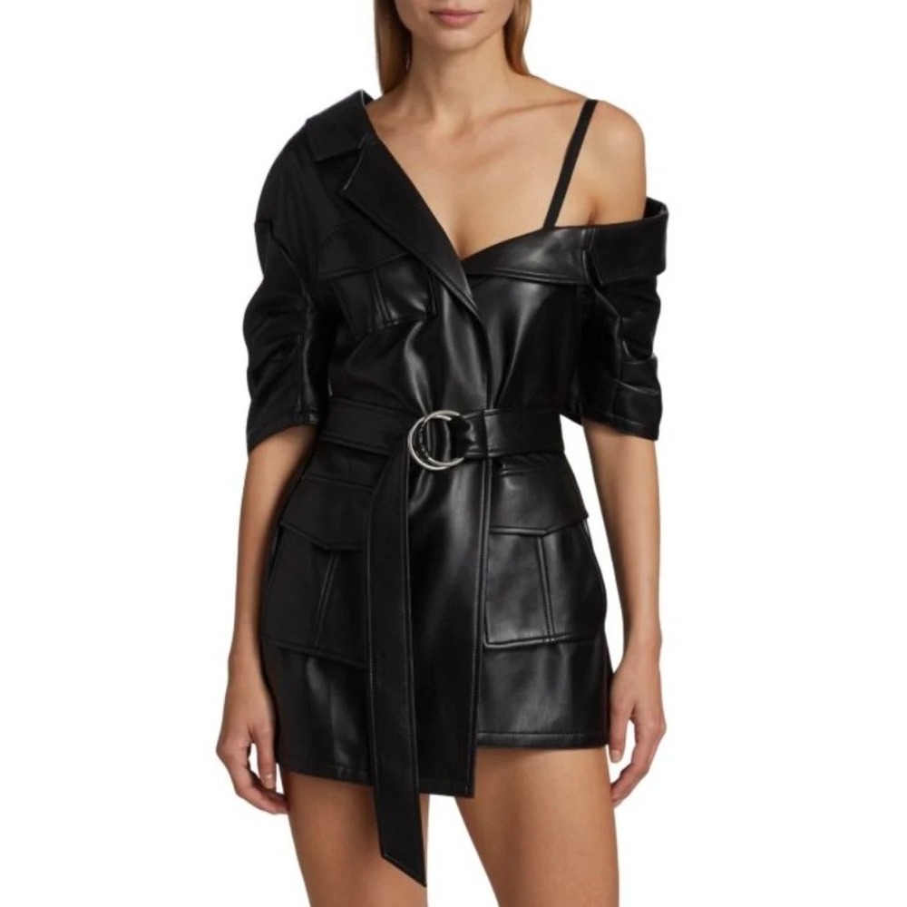 Cinq a Sept Katie Black Faux Leather One Shoulder Belted Mini Dress Size 4